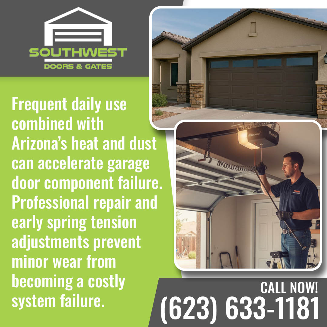 Technician repairing a residential garage door system in Arizona with modern garage door exterior