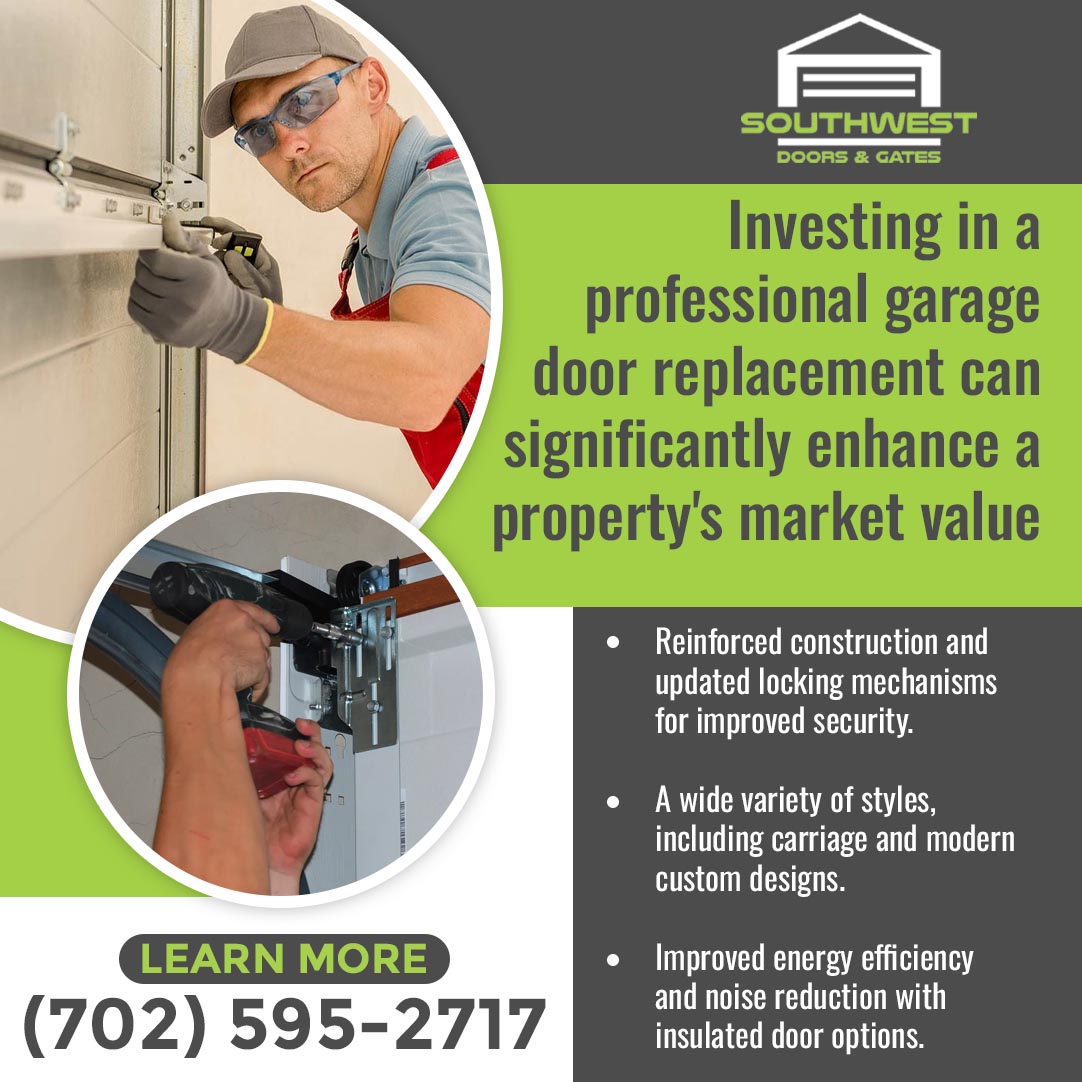 Technician installing and securing a garage door with reinforced locking mechanism in Las Vegas, NV – Southwest Doors & Gates offers custom replacement doors in carriage and modern styles with improved security and energy efficiency, call (702) 595-2717