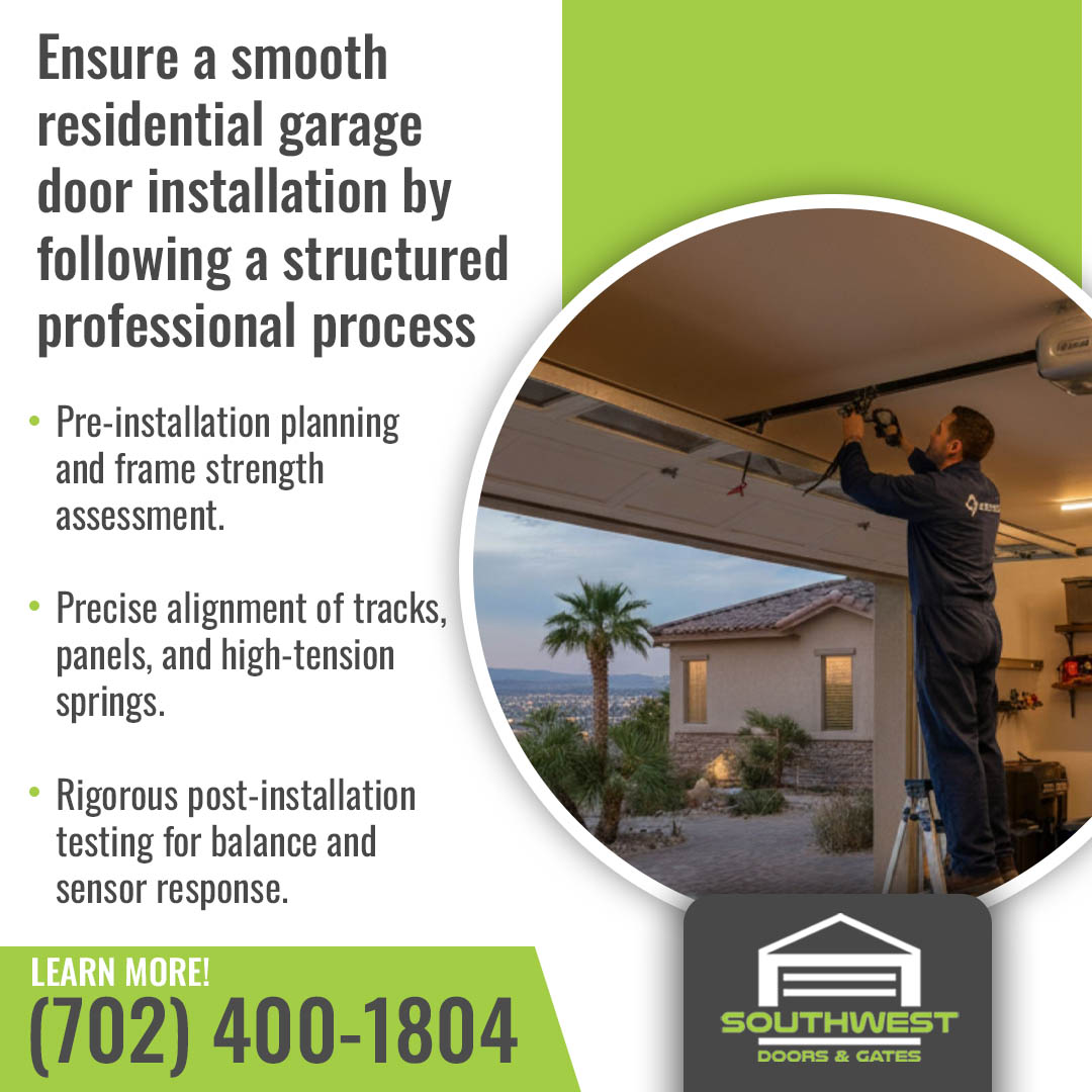 Technician installing a residential garage door with text highlighting planning, precise alignment, and post-installation testing services by Southwest Doors & Gates.