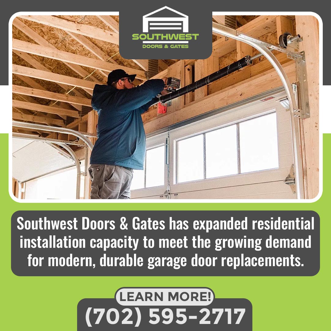  Technician installing a new garage door spring system in a residential home in Las Vegas, NV – Southwest Doors & Gates has expanded installation capacity for modern, durable garage door replacements, call (702) 595-2717