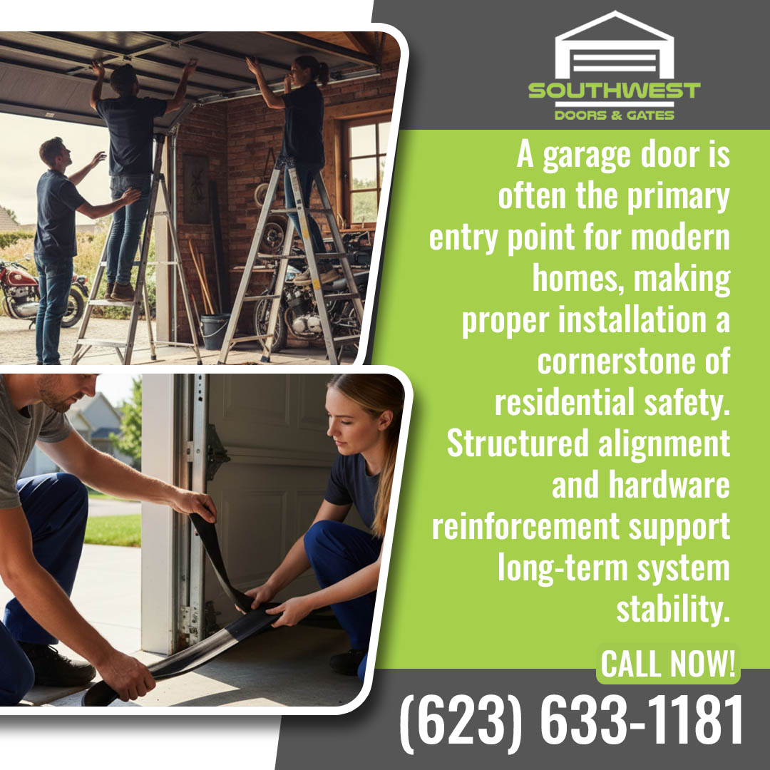 Technicians installing and sealing a garage door for Southwest Doors & Gates