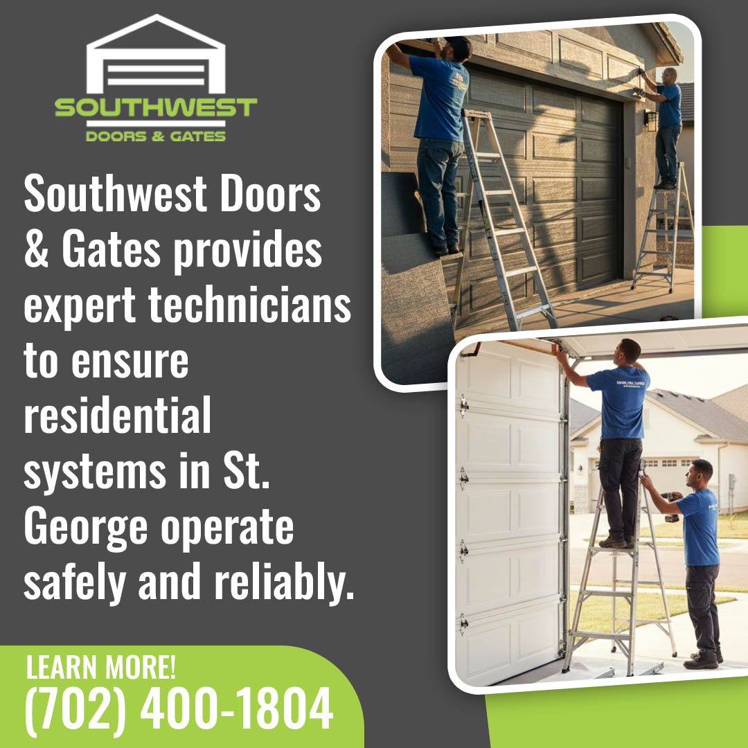 Promotional graphic for Southwest Doors & Gates featuring technicians installing garage doors and a contact phone number.
