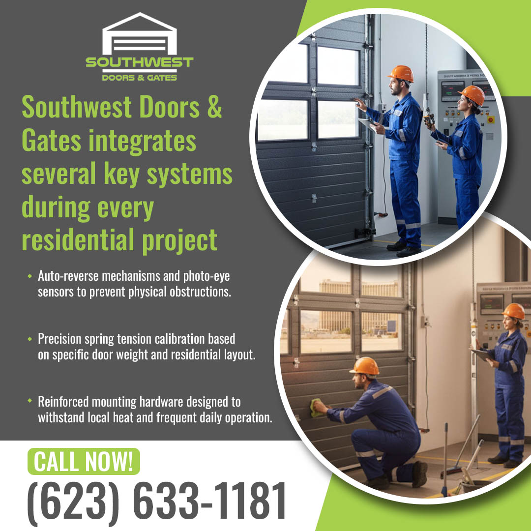 Technicians inspecting and calibrating garage door systems during a residential installation
