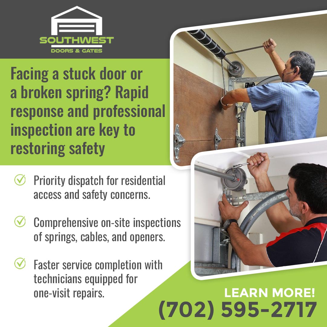 Two technicians inspecting and repairing garage door springs and cables in Las Vegas, NV – Southwest Doors & Gates offers priority dispatch, on-site inspections, and one-visit repairs at (702) 595-2717