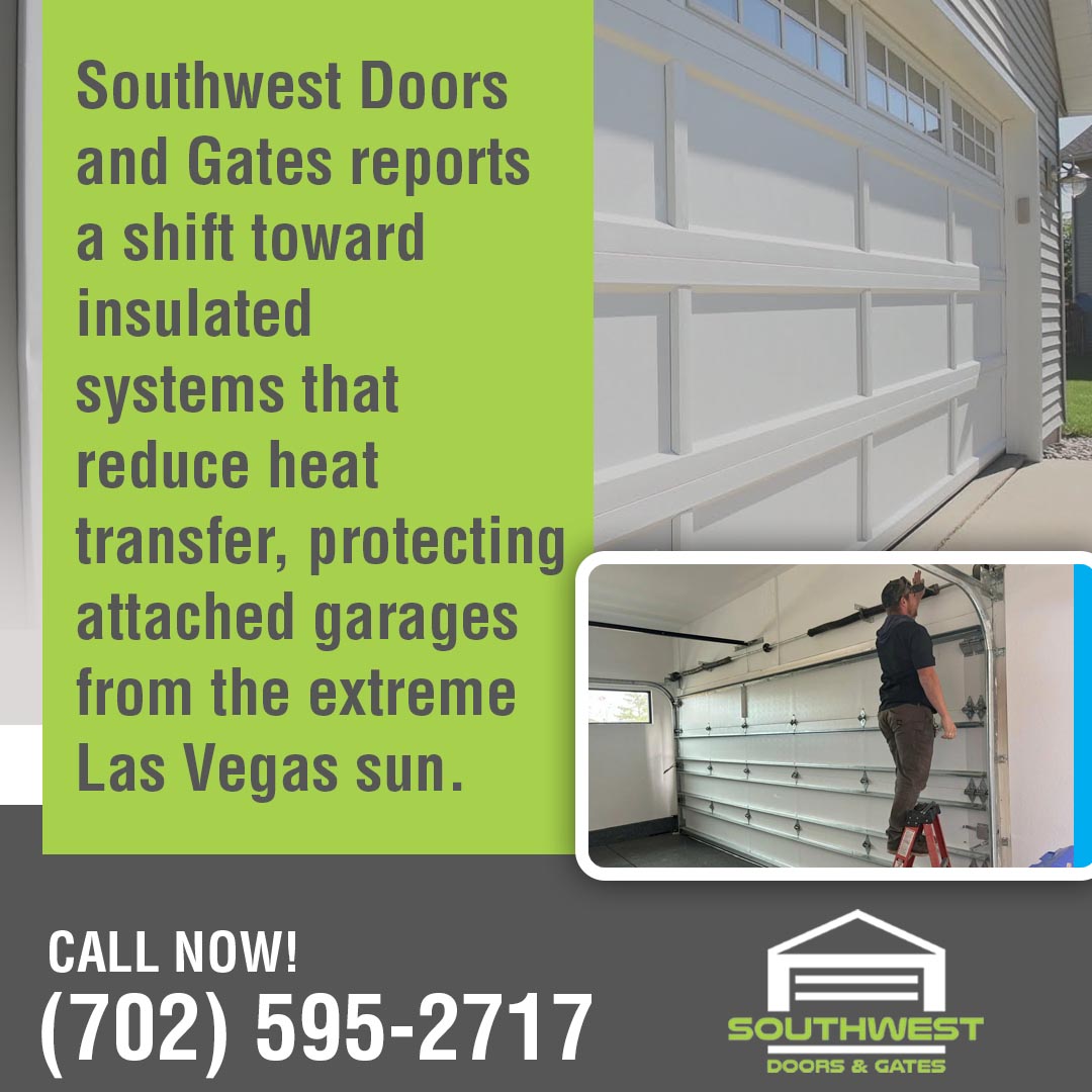 Insulated residential garage door installed on a Las Vegas home with technician performing garage door inspection and maintenance.