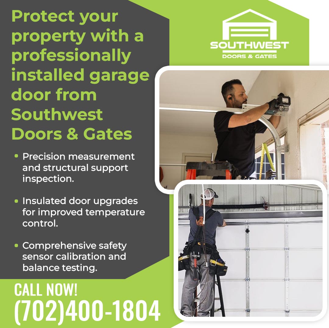 Garage door technicians installing and testing a residential garage door system, including opener setup, safety sensor calibration, and balance adjustments.