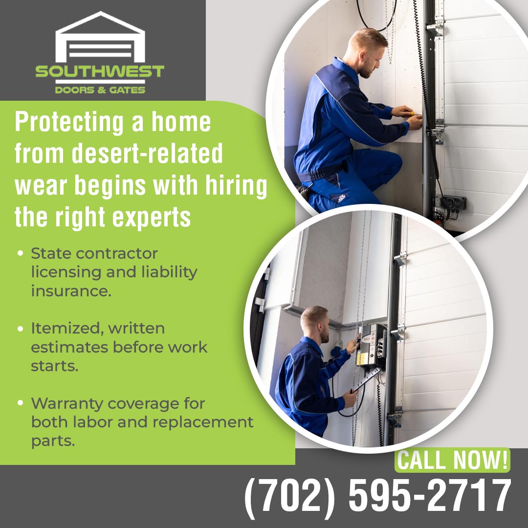 Garage door technicians servicing residential garage door components and opener systems while discussing licensing, insurance, warranties, and repair standards.