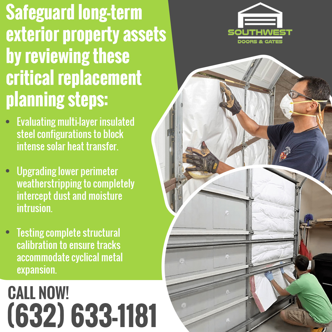 Technicians installing insulation and weather sealing on a residential garage door in Gilbert, Arizona.