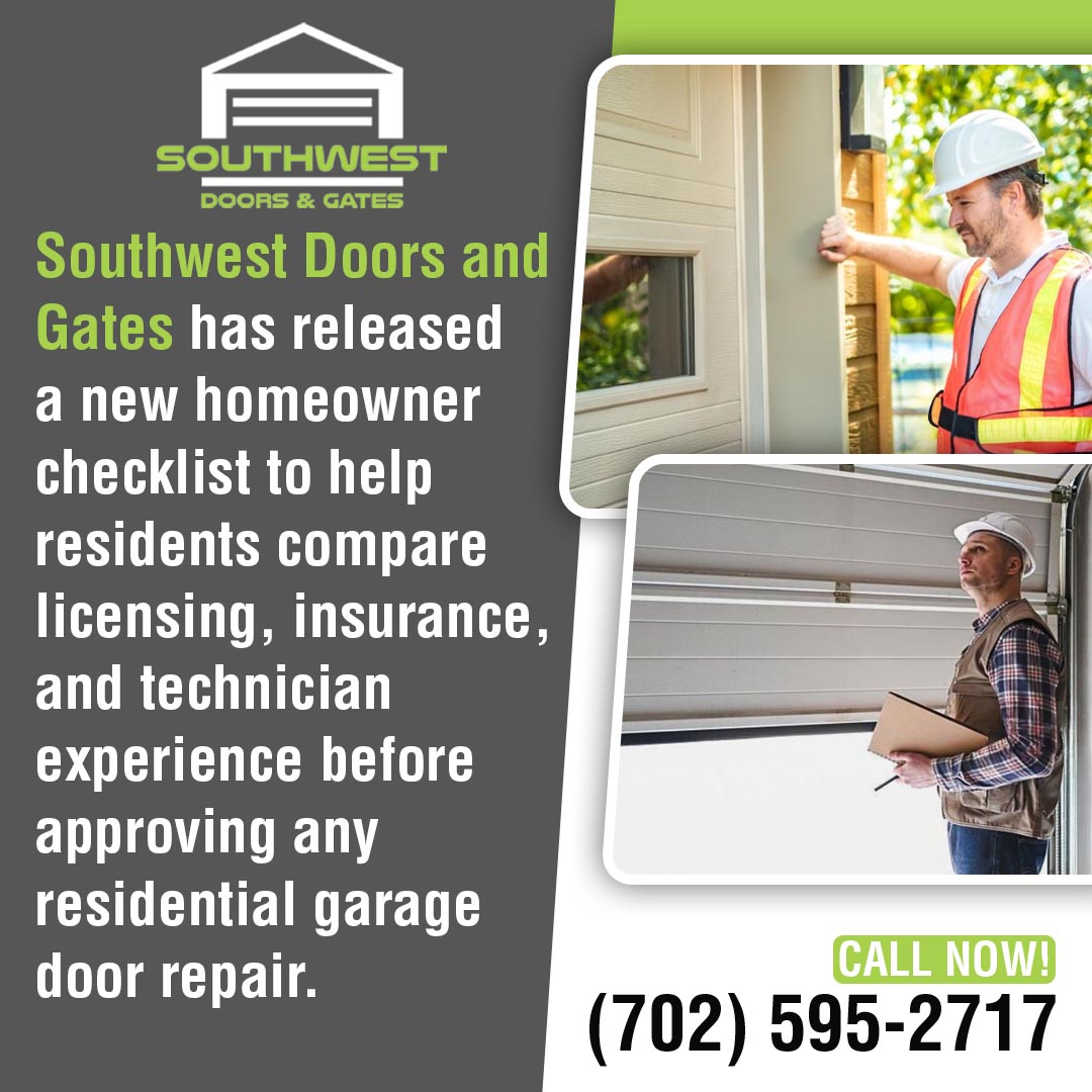 Garage door technicians inspecting a residential garage door while reviewing repair qualifications, licensing, insurance, and service standards.