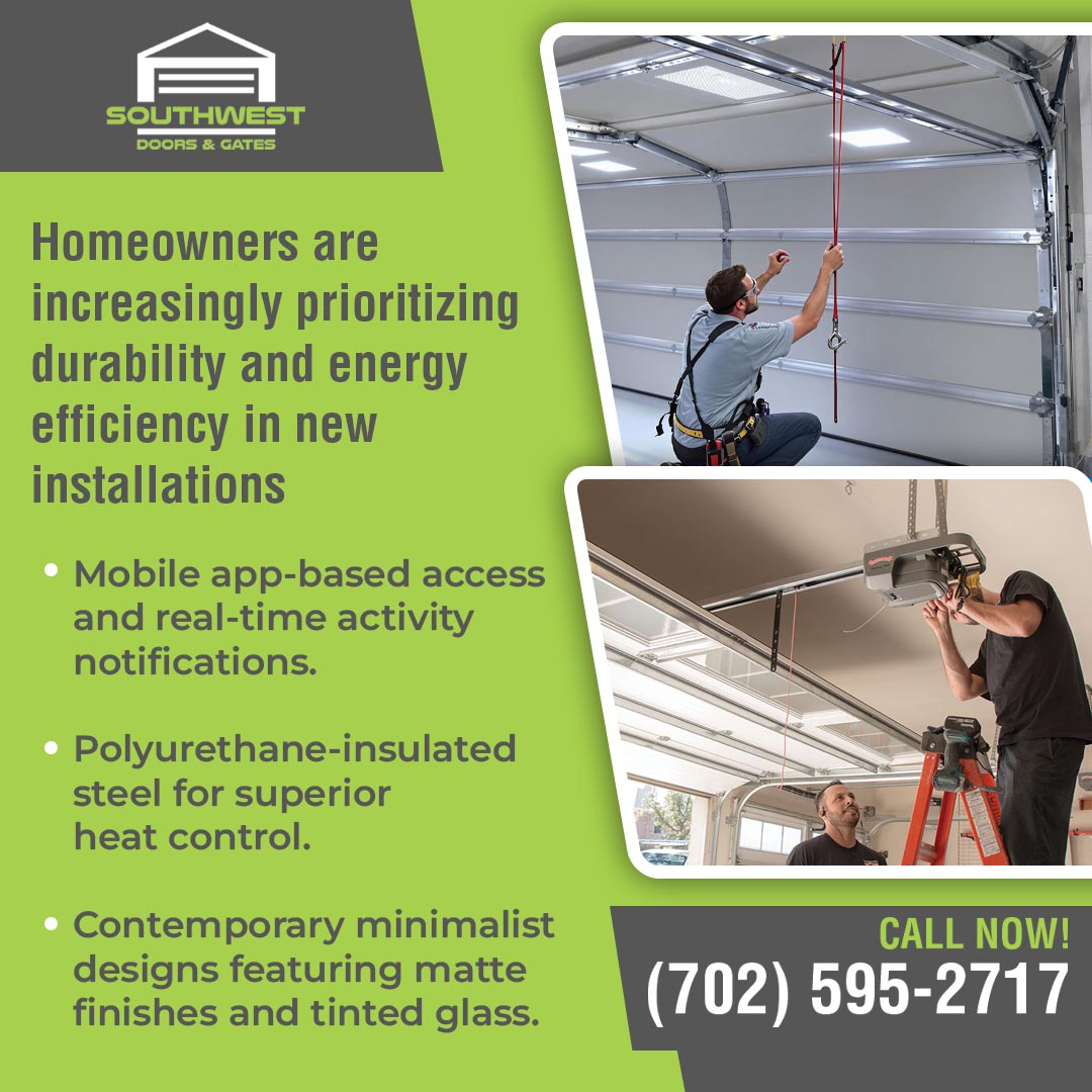 Technicians installing and servicing modern insulated garage doors with smart opener technology and energy-efficient design features.