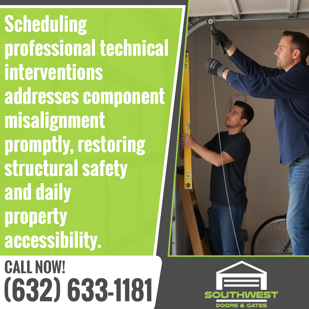 Technicians inspecting and adjusting a residential garage door to correct alignment and operational issues.