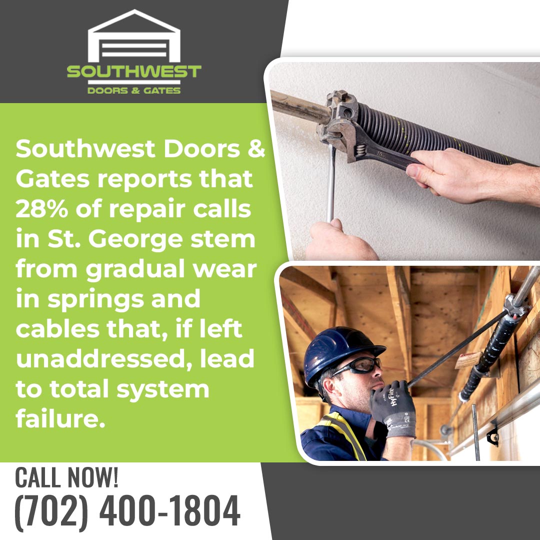 Garage door technicians inspecting and adjusting torsion springs and cables to prevent system failure in a residential garage.