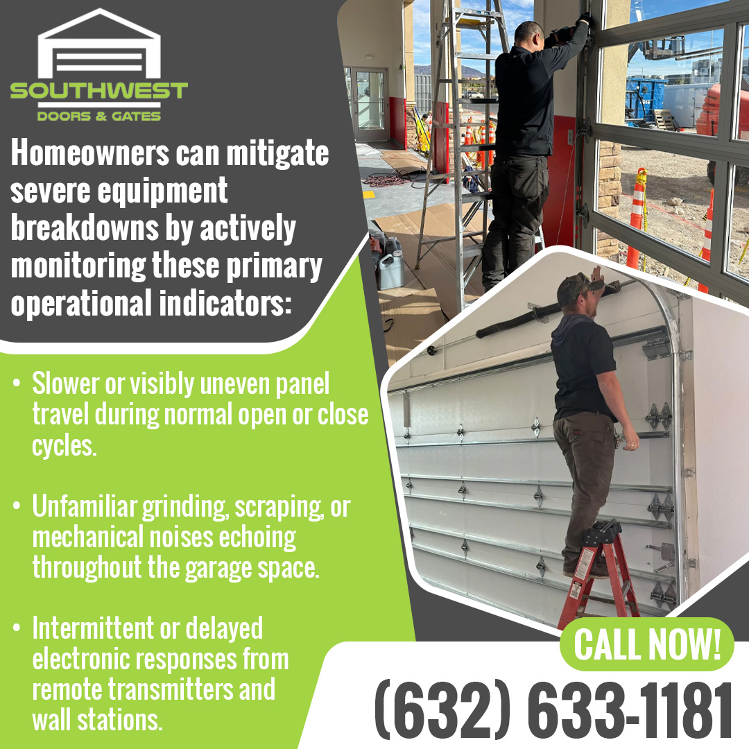 Garage door technicians inspecting and servicing residential garage door components and operation.