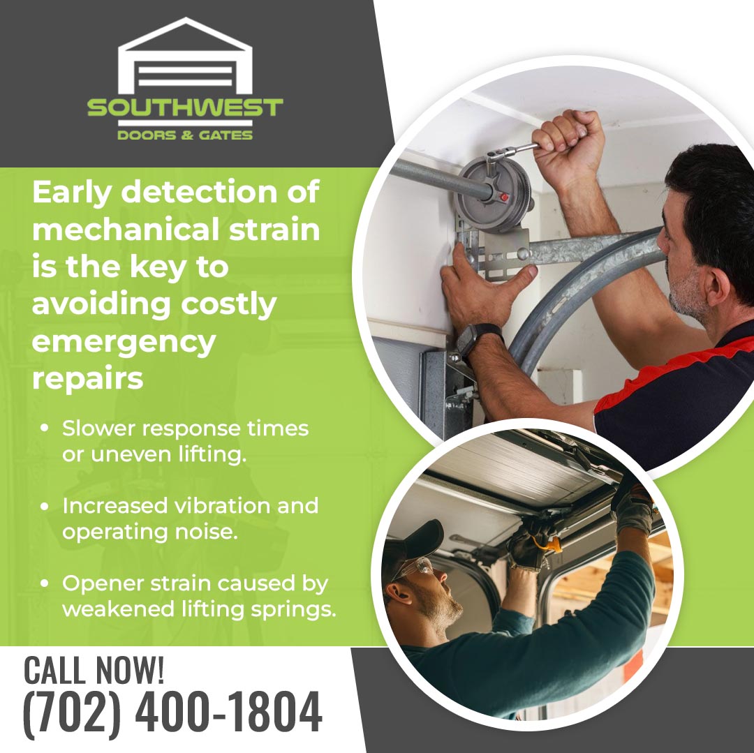 Garage door technicians inspecting springs, tracks, and opener components to identify early signs of wear and mechanical strain.