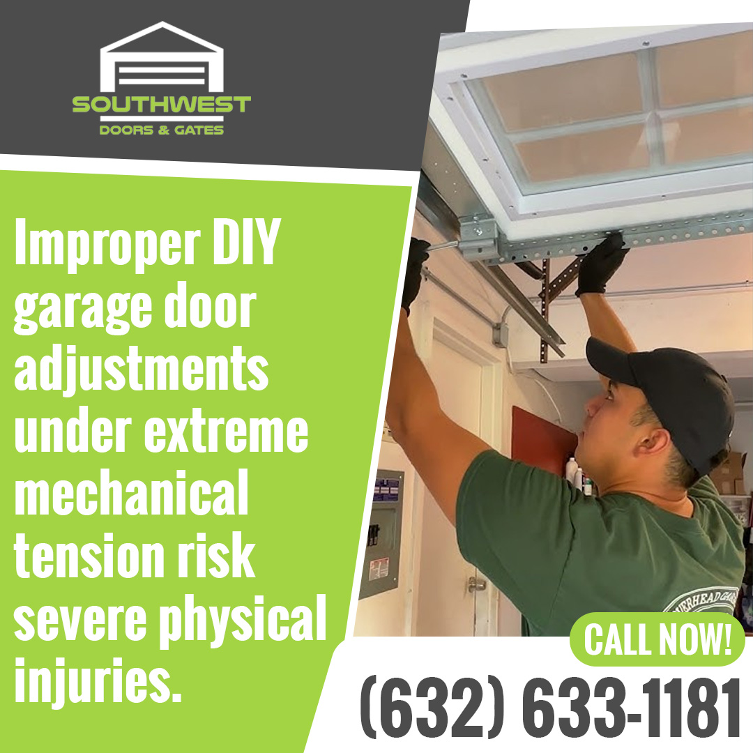 Technician adjusting garage door spring tension safely