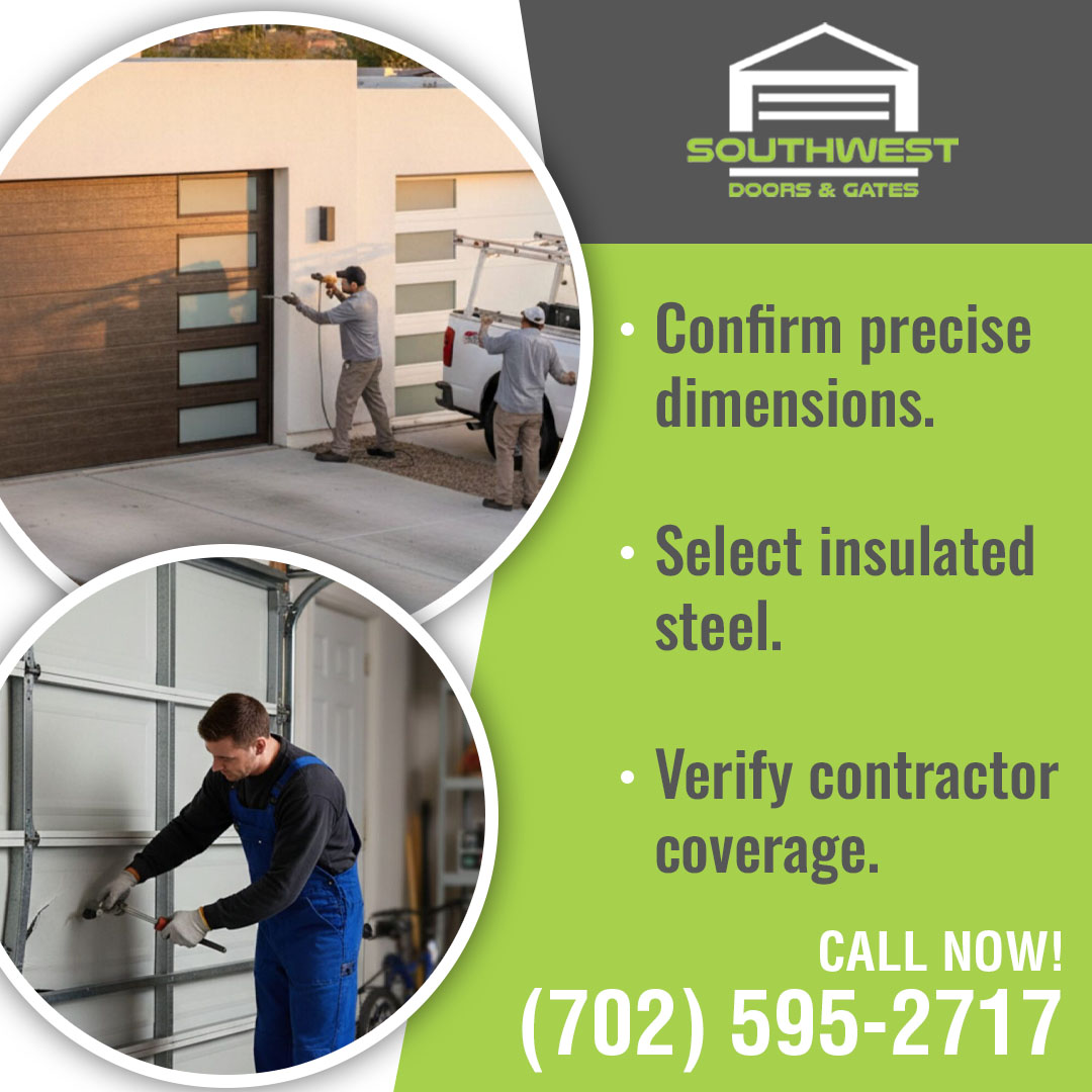 Southwest Doors & Gates promotional graphic outlining garage door installation tips: confirm precise dimensions, select insulated steel, and verify contractor coverage in Las Vegas, NV.