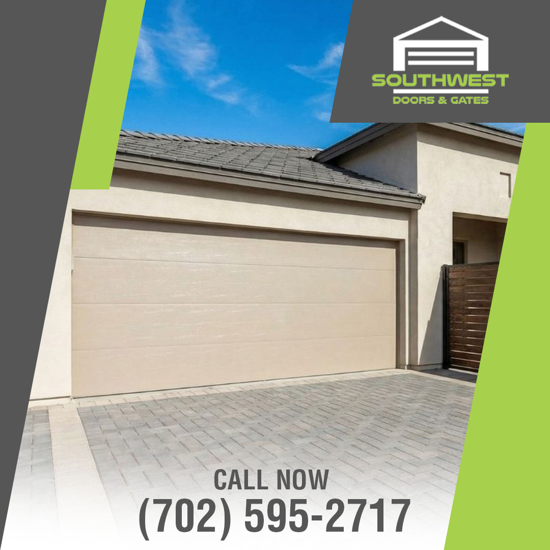 Modern beige flush panel garage door on a residential home, featured in a Southwest Doors & Gates graphic with phone number in Las Vegas, NV.