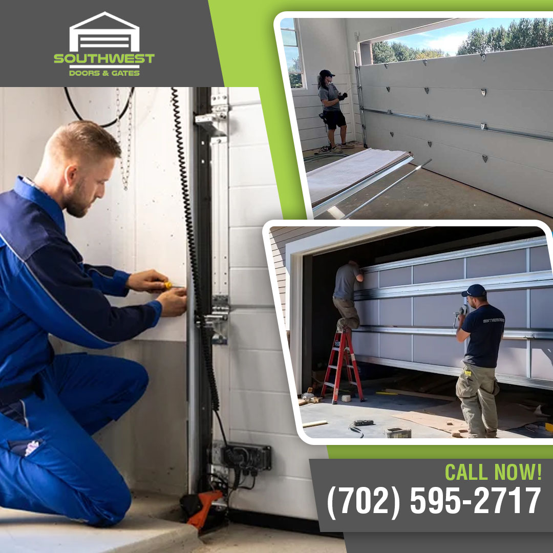 Technicians installing and repairing residential garage doors, featured in a Southwest Doors & Gates graphic with contact phone number in Las Vegas, NV.