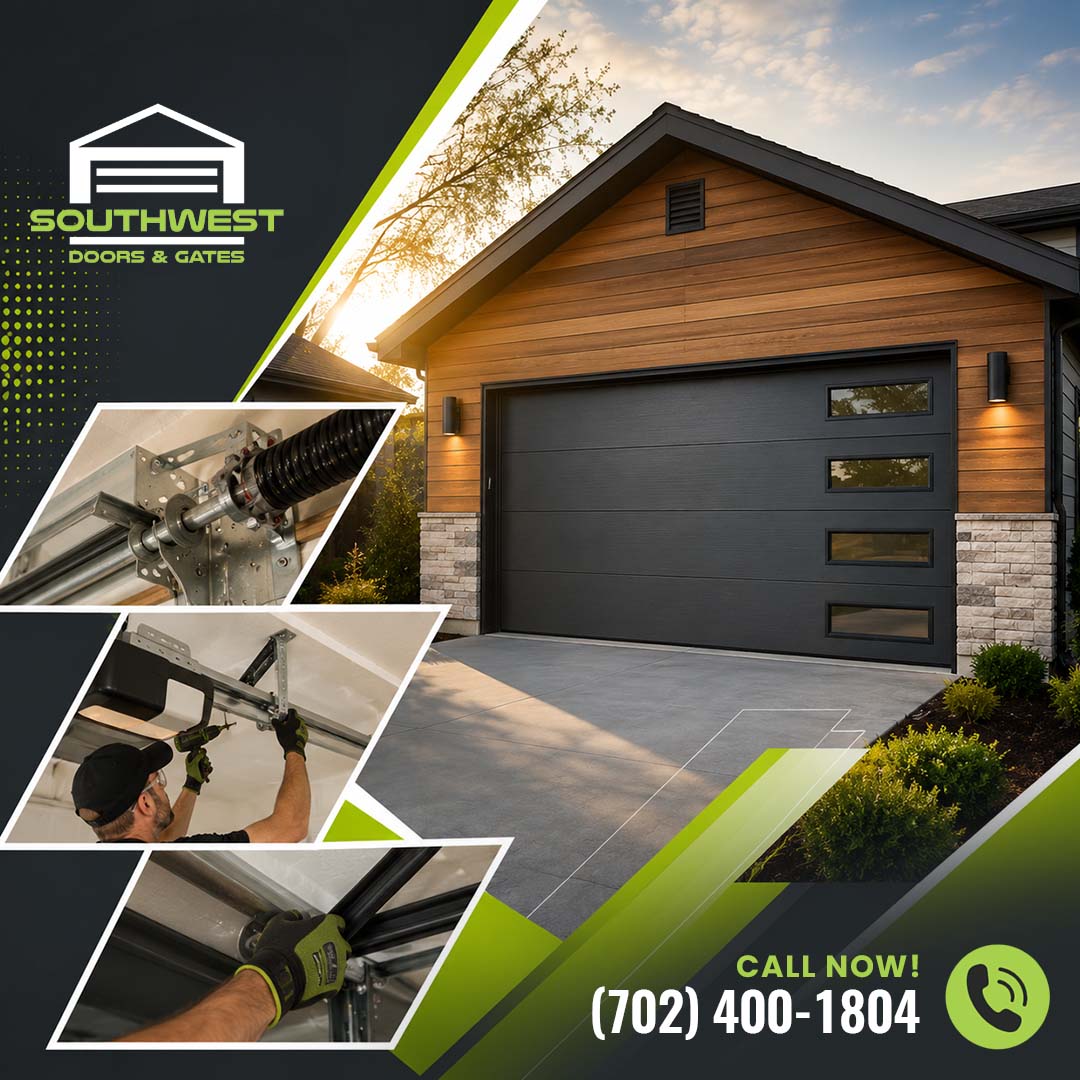 A modern home featuring a black garage door with vertical side windows alongside photo collages of spring assembly and opener maintenance by Southwest Doors & Gates.