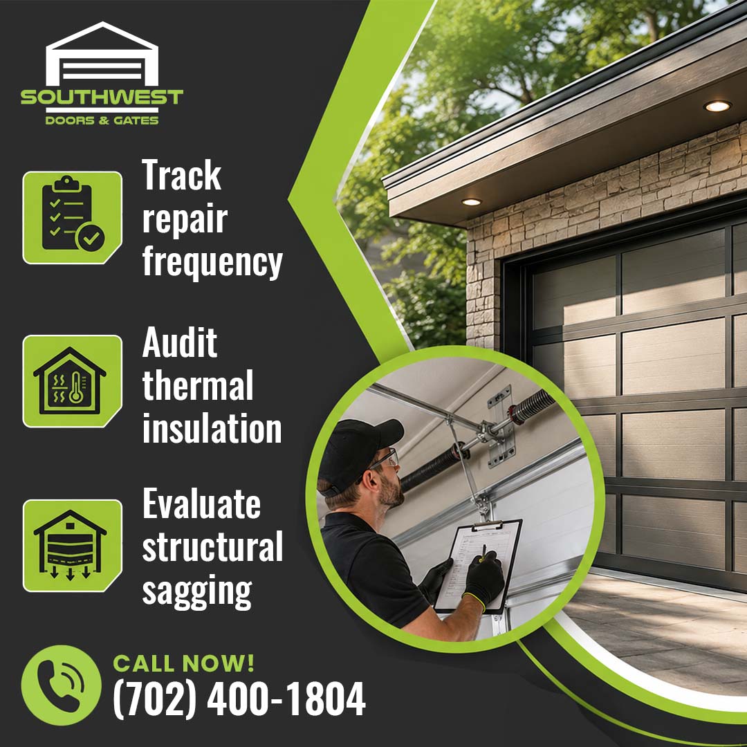 A modern home featuring a black garage door with vertical side windows alongside photo collages of spring assembly and opener maintenance by Southwest Doors & Gates.