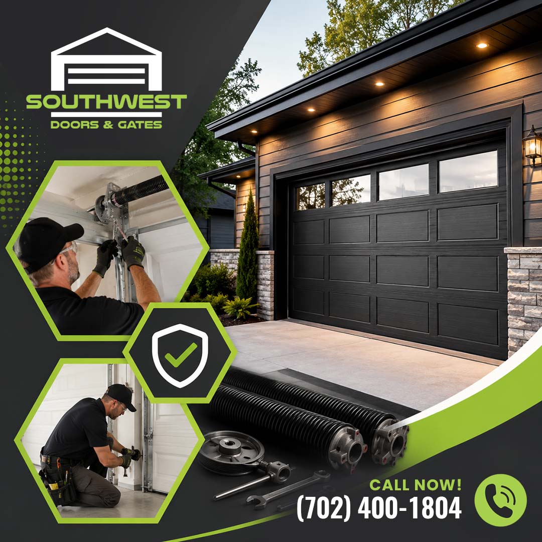 A modern black garage door on a residential home alongside a technician repairing springs and a set of heavy-duty replacement springs on a Southwest Doors & Gates graphic.