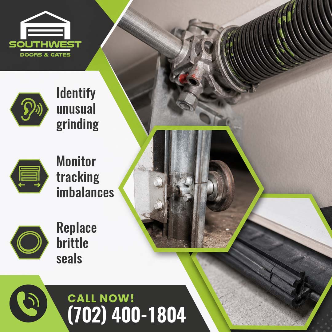 Close-up views of garage door torsion springs, track rollers, and a worn weather seal on a Southwest Doors & Gates service graphic.