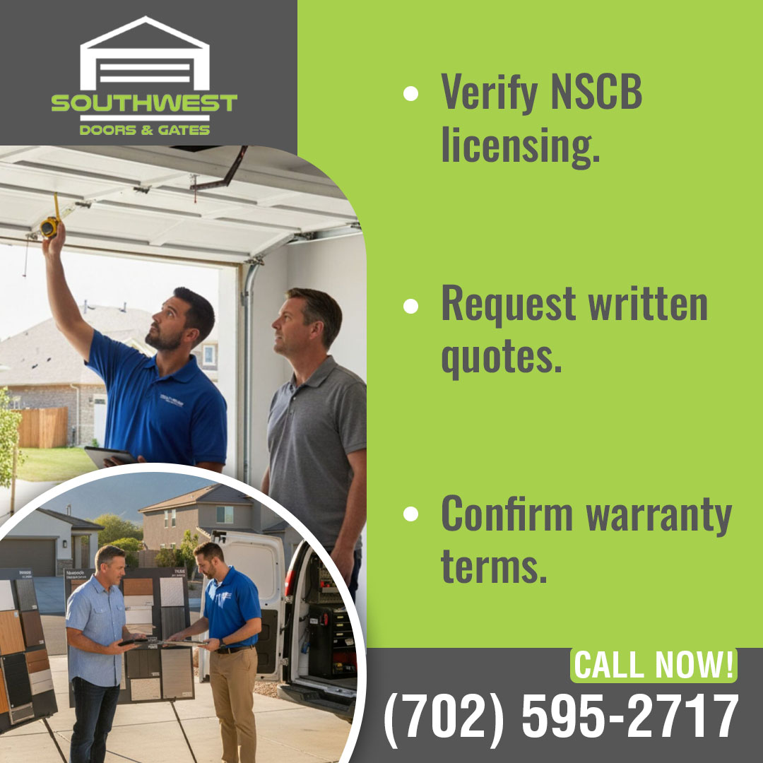 Graphic for Southwest Doors & Gates in Las Vegas, NV featuring tips for hiring garage door services: verify NSCB licensing, request written quotes, and confirm warranty terms.