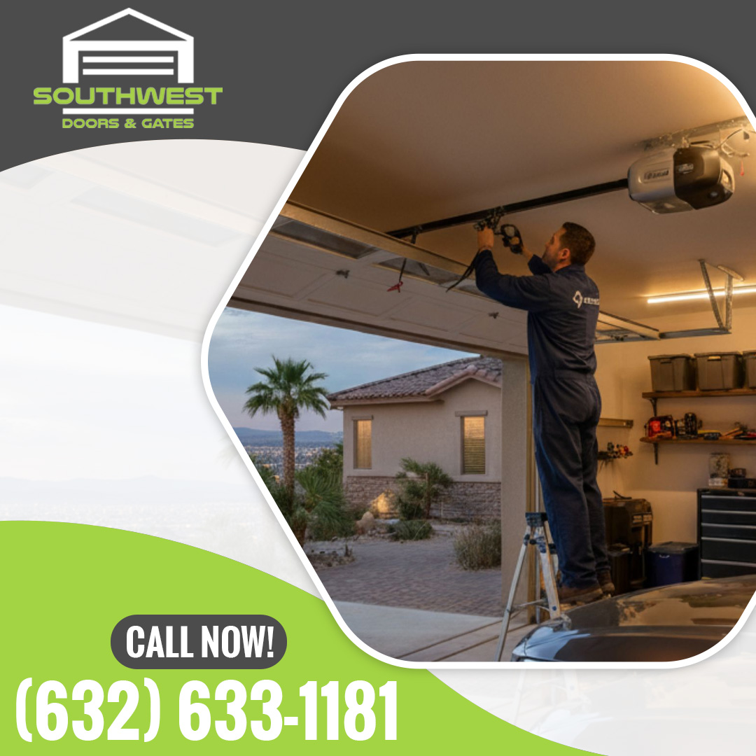 A technician standing on a ladder servicing an overhead garage door track next to a Southwest Doors and Gates promotional graphic.