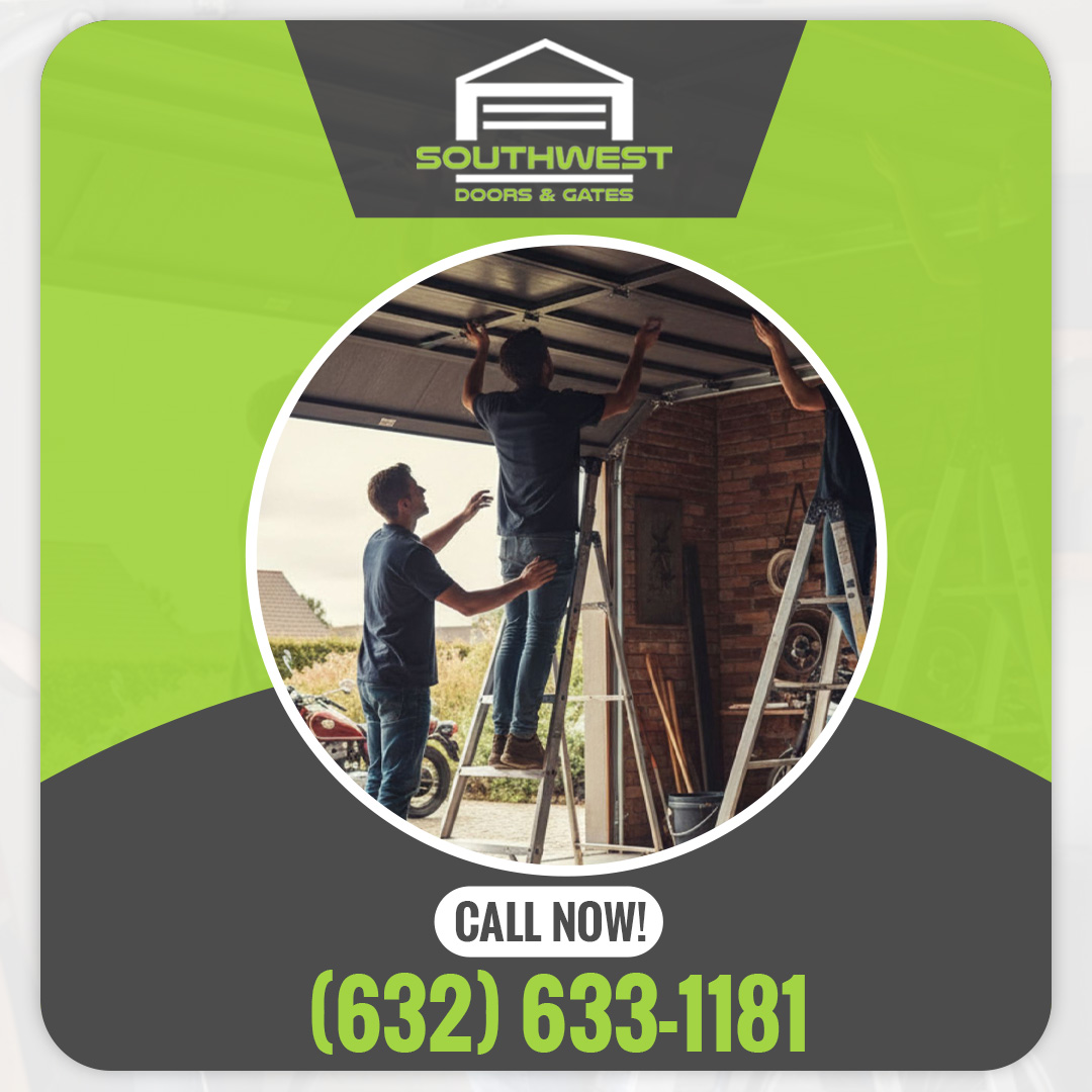 Technicians on stepladders installing and aligning a garage door panel next to a Southwest Doors and Gates promotional graphic.