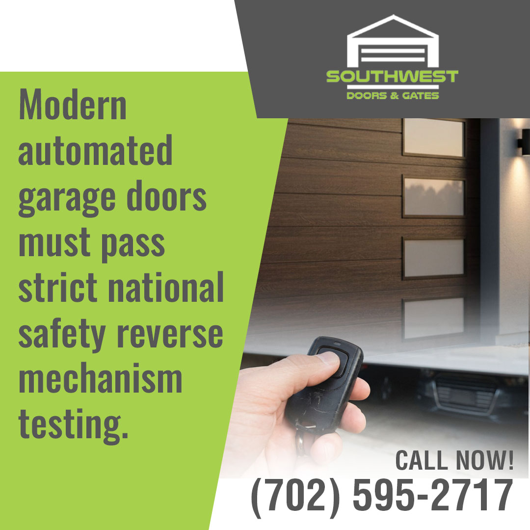 A hand pressing a remote control transmitter in front of a modern dark wood grain garage door with rectangular windows on a Southwest Doors and Gates graphic.