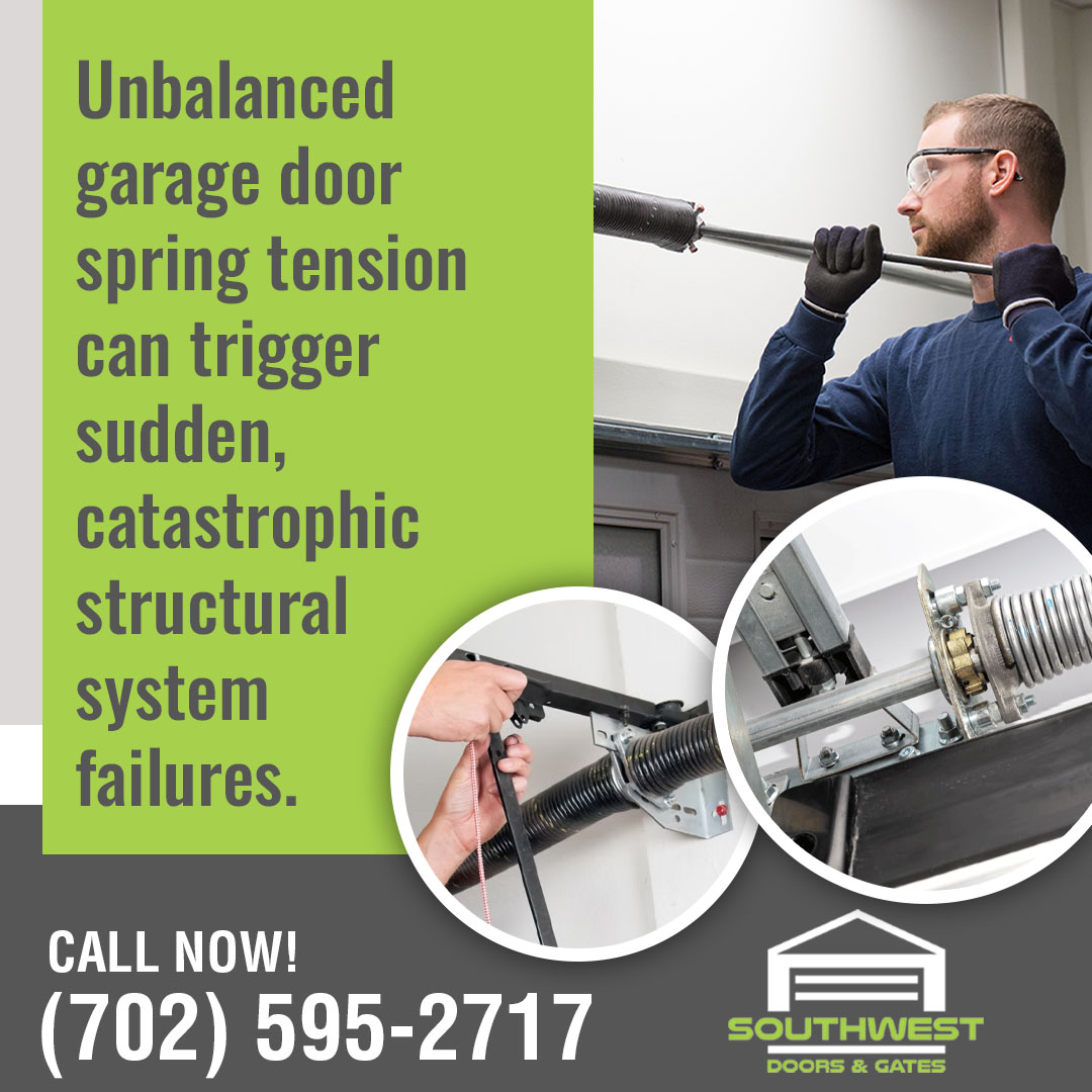 A technician using a winding bar to adjust a torsion spring next to close-up circular insets of garage door spring mechanisms on a Southwest Doors and Gates graphic.