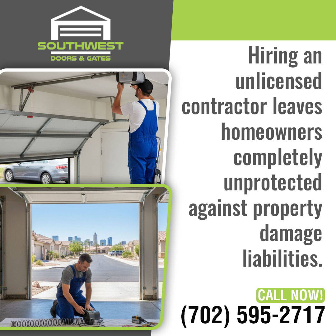 Technicians servicing an overhead garage door motor and ground unit beside a Southwest Doors and Gates warning about unlicensed contractors.