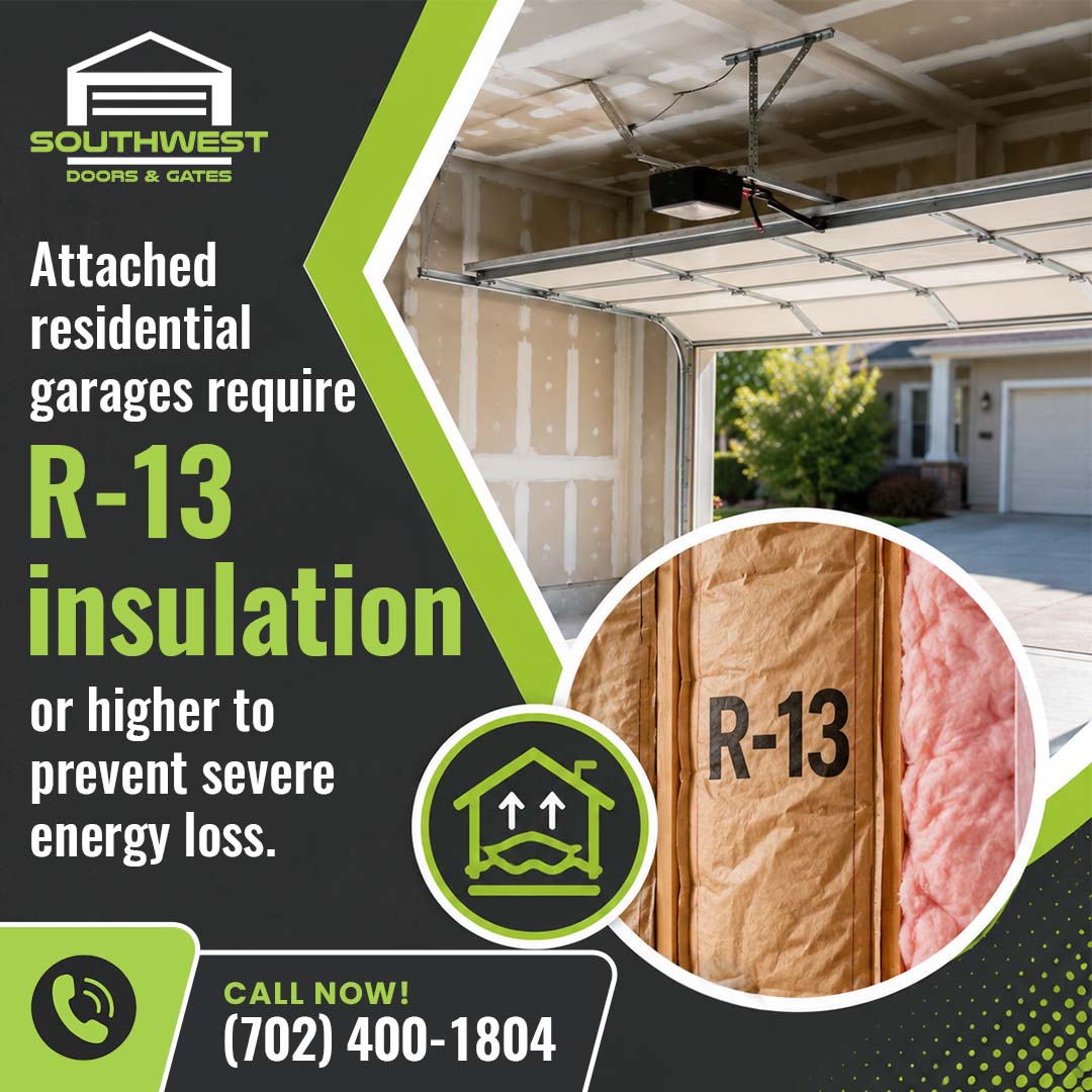 An open attached residential garage with an inset photo showing R-13 fiberglass batt insulation inside wall framing, beside Southwest Doors and Gates contact details.