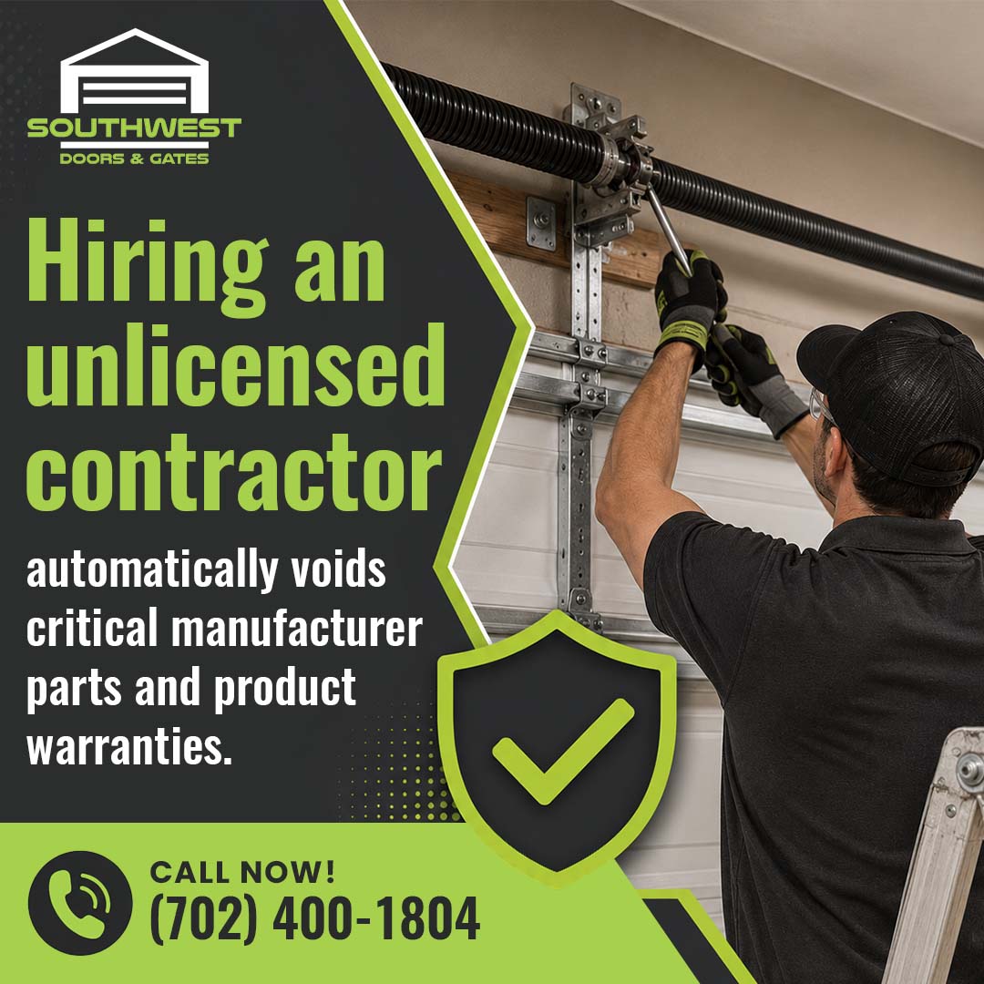 A technician using winding bars on a garage door torsion spring assembly next to a Southwest Doors and Gates warranty notice.
