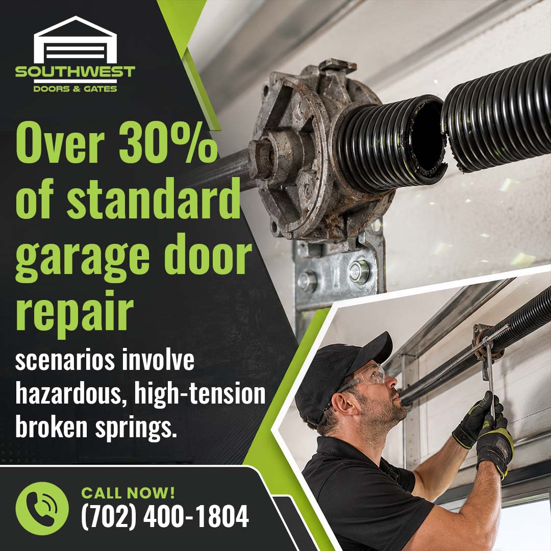 A close up of a snapped high-tension garage door torsion spring next to a technician using a wrench to repair overhead hardware on a Southwest Doors and Gates graphic.