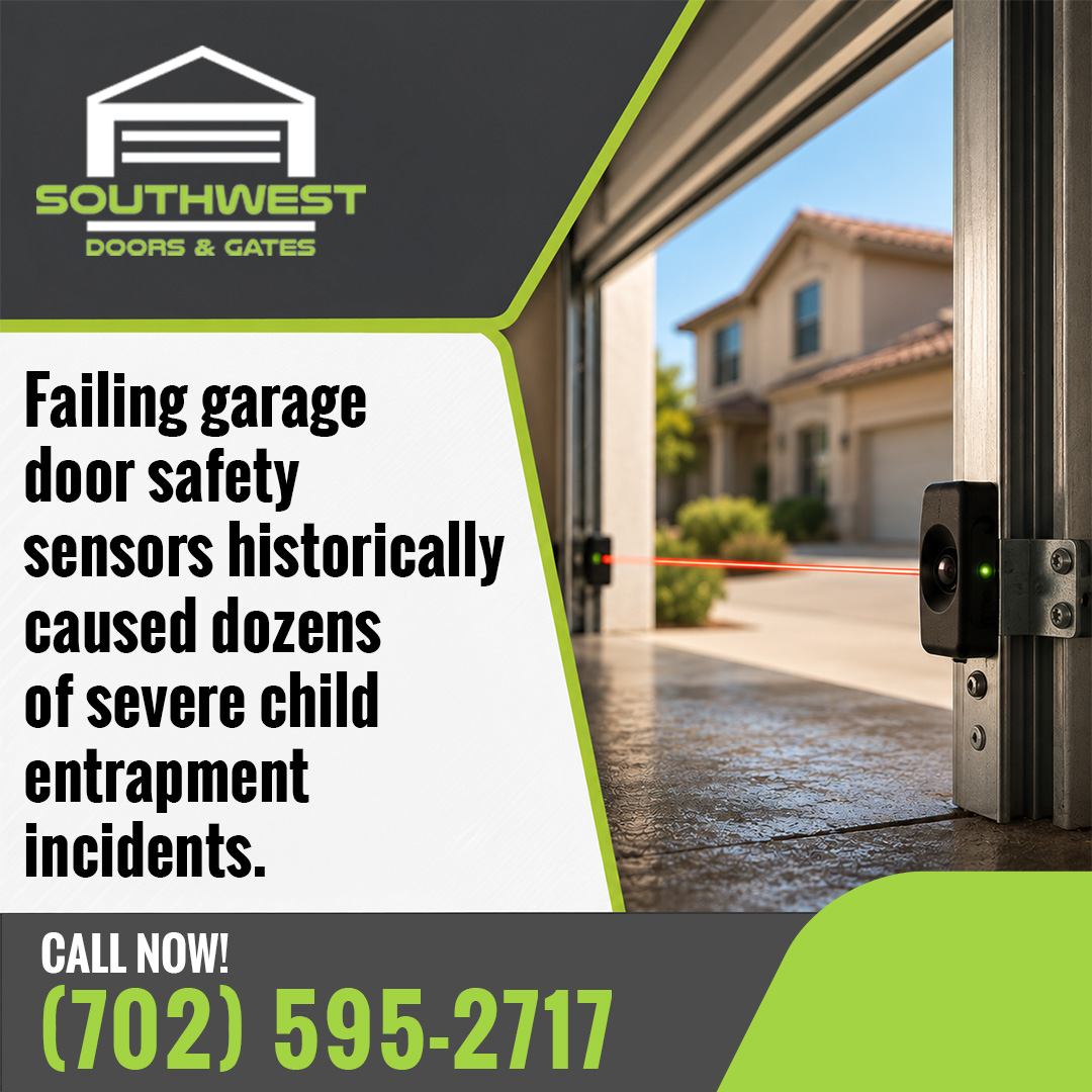 Garage door safety sensor mounted on a metal track projecting an active red infrared beam across the entrance.