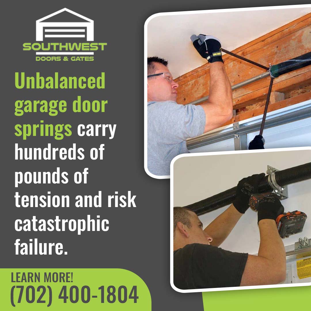 Split image showing technicians using winding bars and power tools to repair and adjust overhead garage door torsion springs.