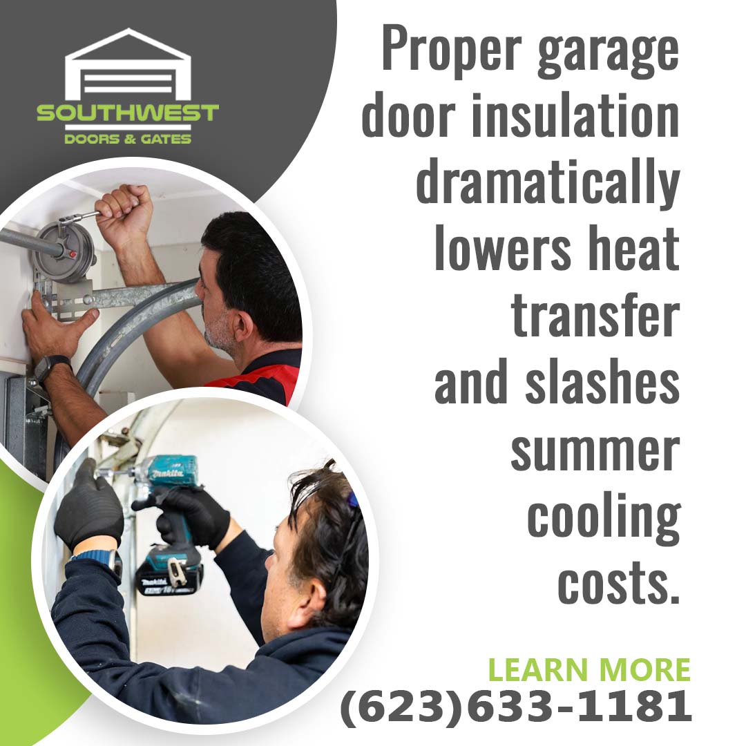 Technicians installing and securing overhead garage door track components and torsion spring assemblies with power tools.