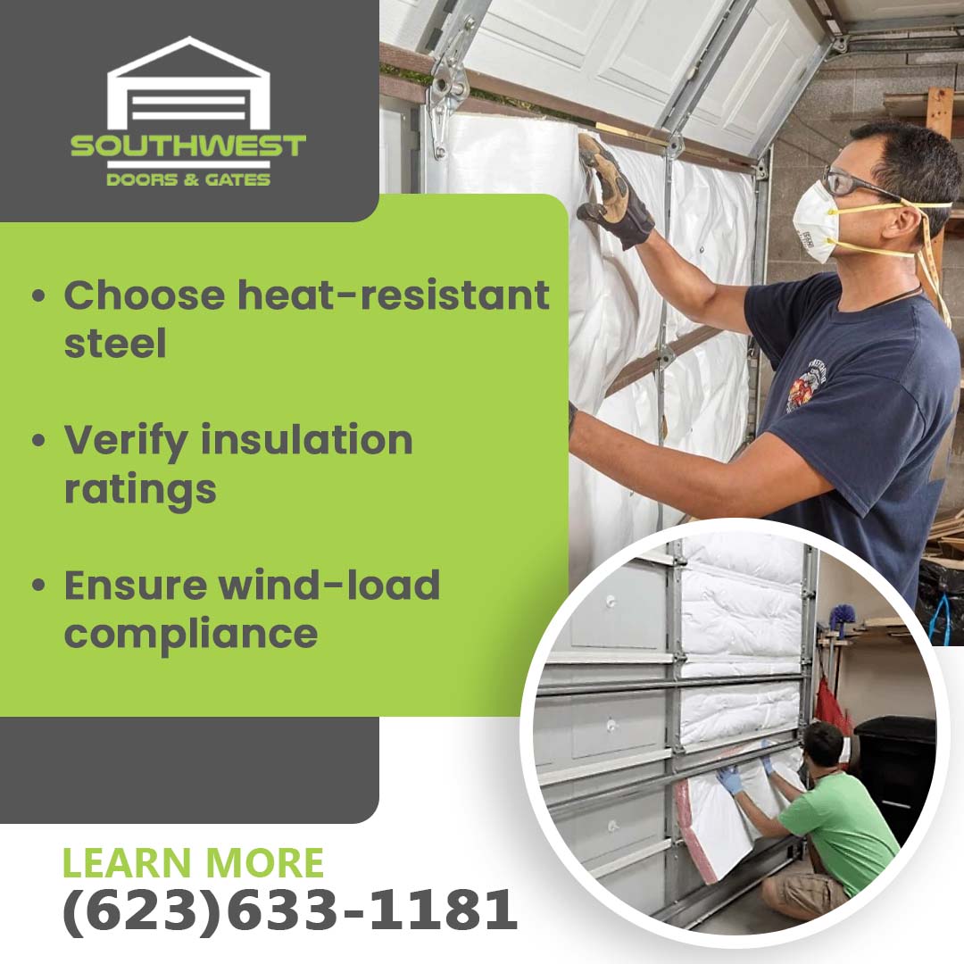 Technician wearing a safety mask and gloves installing white thermal insulation panels onto an interior garage door section.