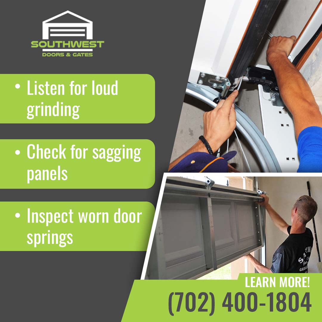 Split image showing a technician tightening garage door track hardware and adjusting an overhead sectional door panel.