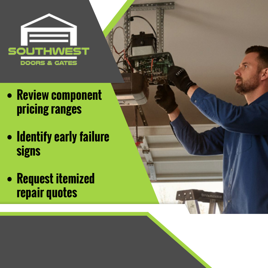 Professional technician inspecting the circuit board and internal wiring of an overhead garage door opener.