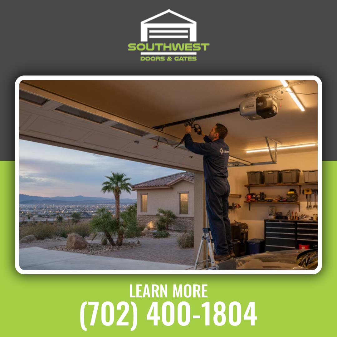 Service technician standing on a step ladder inside a residential garage repairing an overhead garage door opener drive rail at dusk.