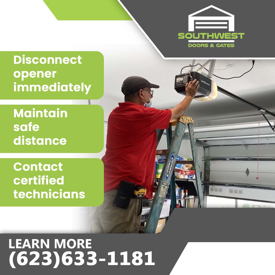 Garage door technician on a ladder servicing an overhead LiftMaster garage door opener motor.