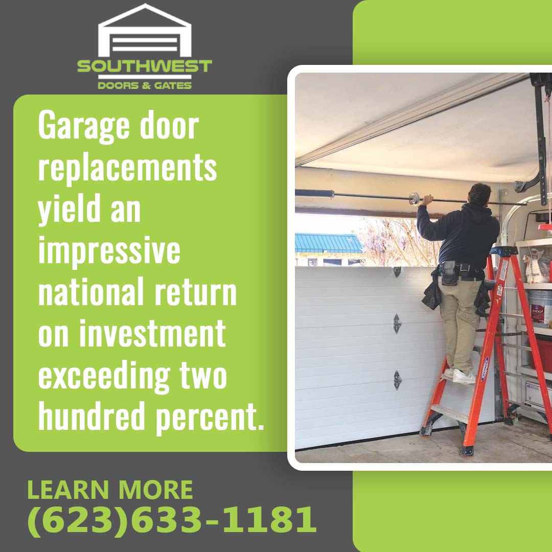 Garage door technician on an orange step ladder installing a torsion spring and shaft assembly above a new white panel garage door.