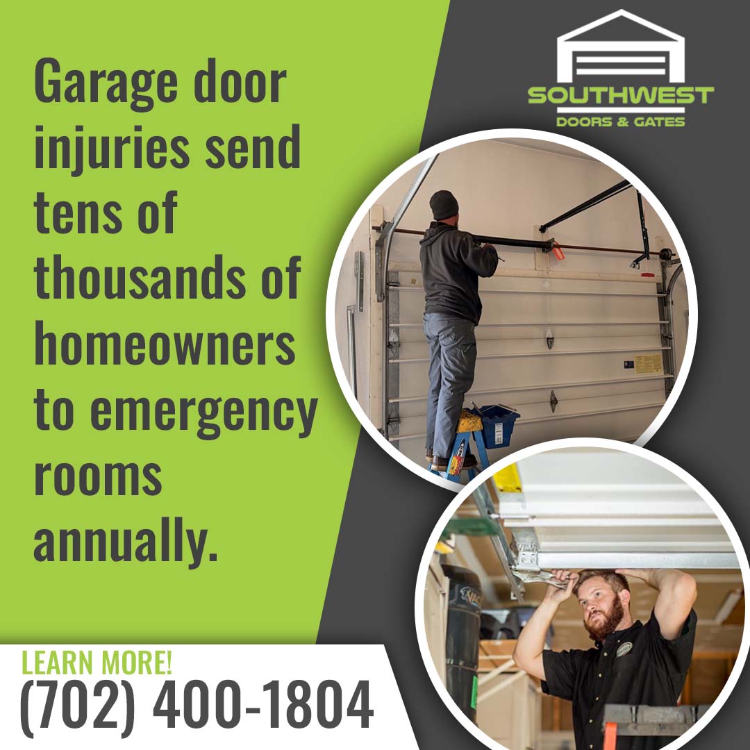 Split circular insets showing technicians working on overhead garage door torsion springs and inspecting track hardware.