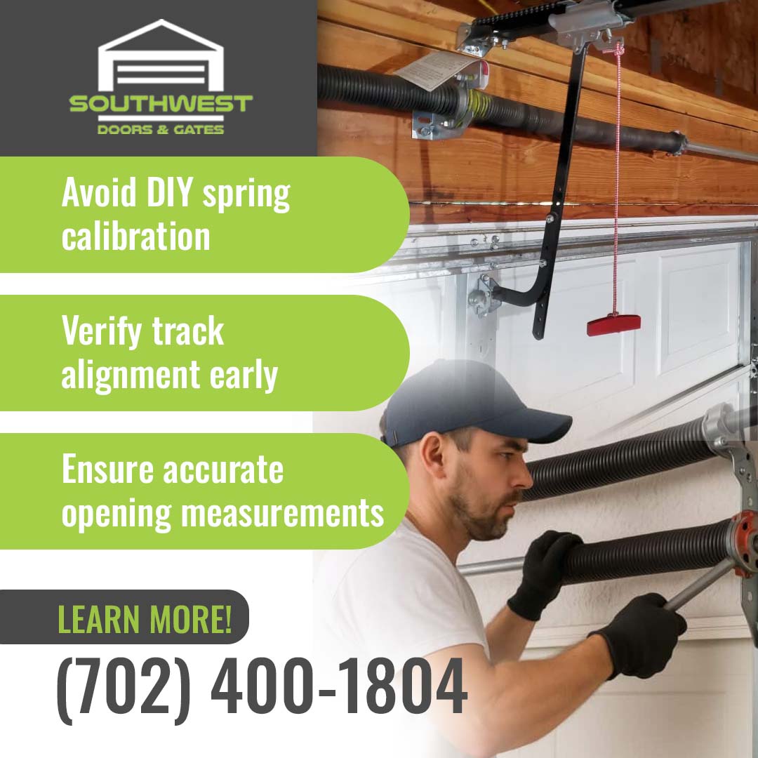 Garage door technician using winding bars to carefully adjust high-tension torsion springs near the ceiling opener track.