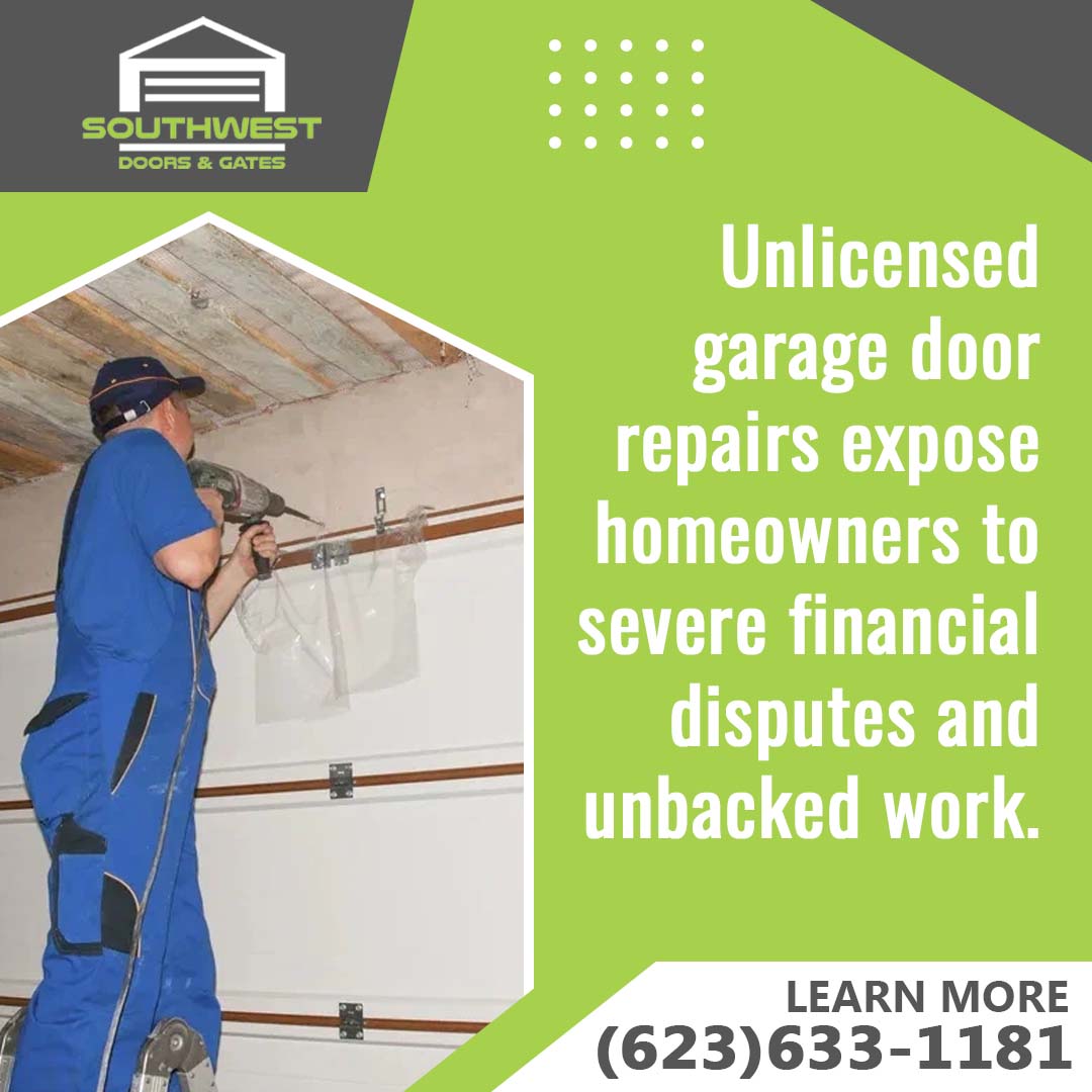 Technician on a ladder using a power drill to install upper hardware and track mounts on a residential garage door.