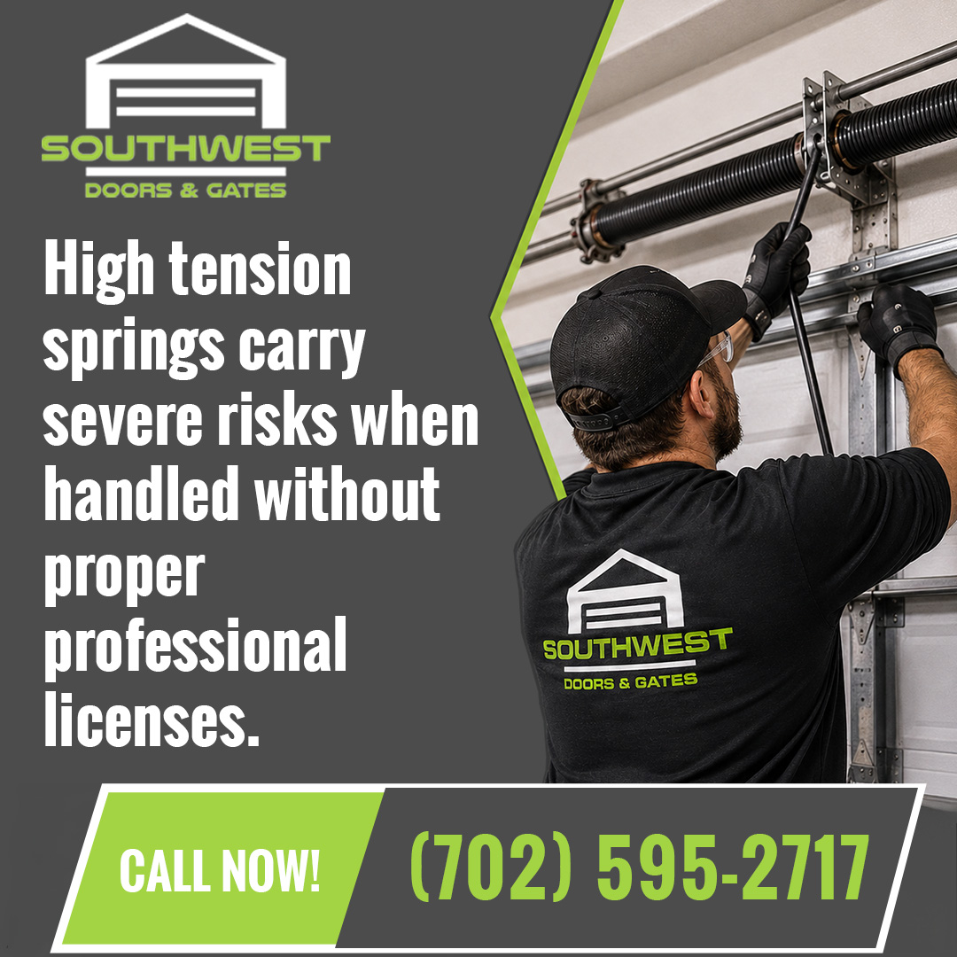 Certified technician using a winding bar to safely adjust and balance high-tension overhead garage door torsion springs.