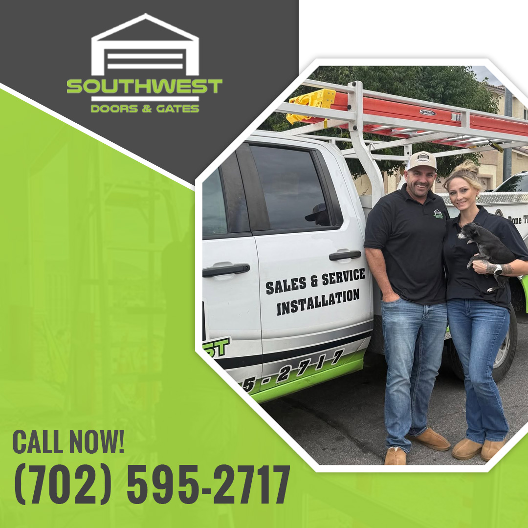 Man and woman smiling while holding a small dog in front of a Southwest Doors & Gates service truck.