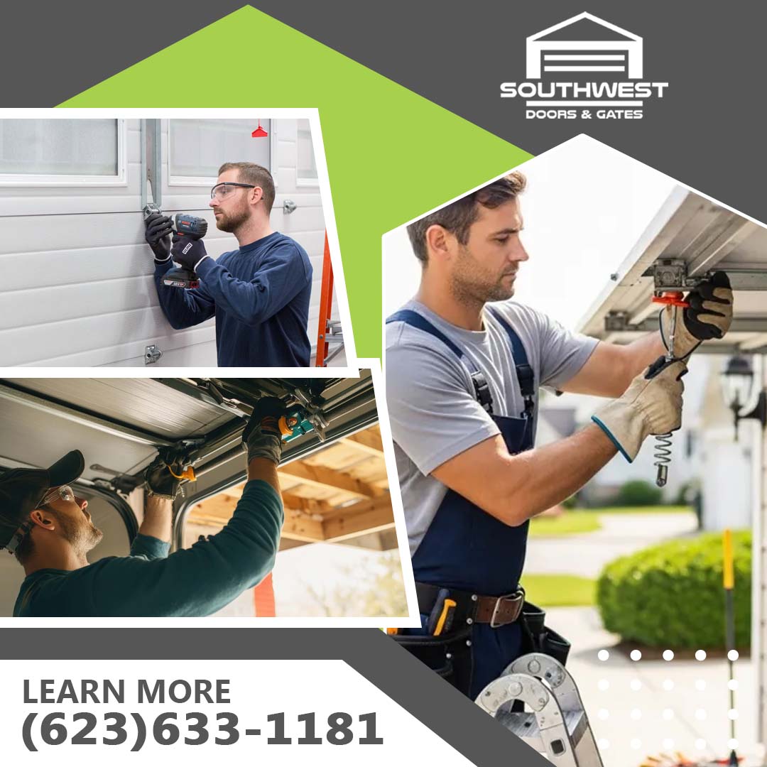 Collage of professional technicians in safety gear repairing garage door tracks, tightening hinges, and servicing roller brackets.